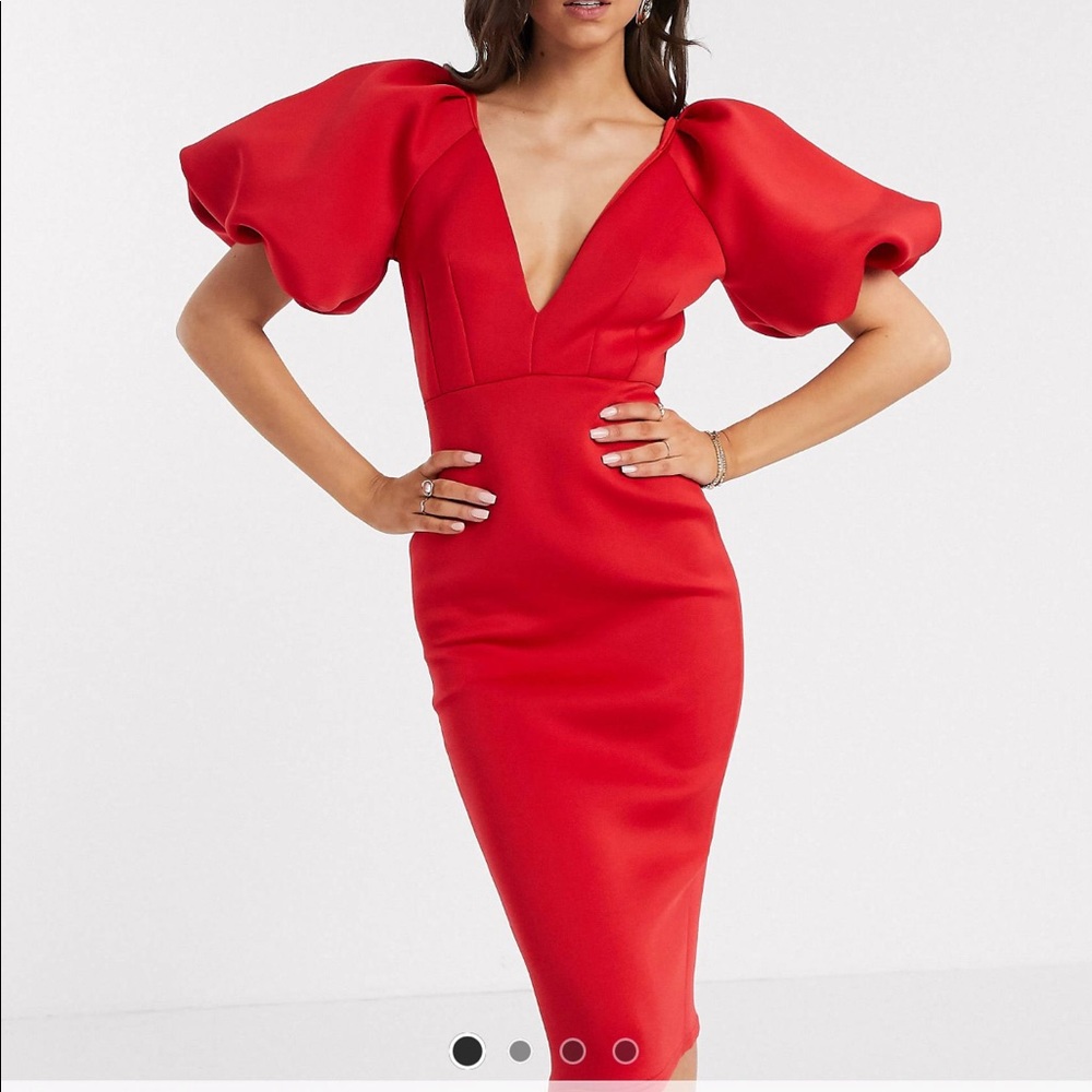 TRUE VIOLET plunge red balloon sleeve midi